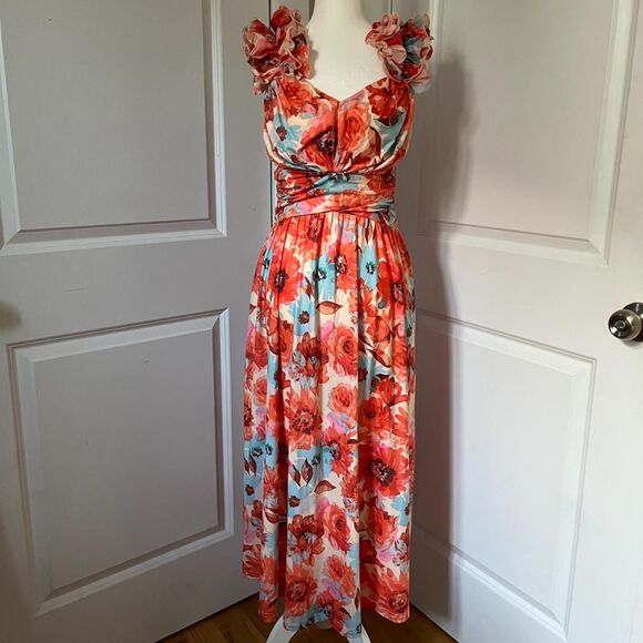 GRACE KARIN Orange Floral Print Dress Ruffles Sleeveless Flowy Sundress (NWT) - Picture 1 of 7